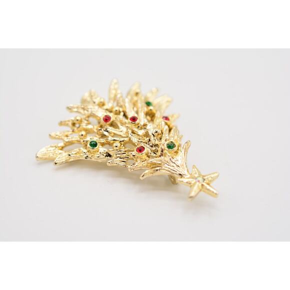 Tancer II Vintage Christmas Tree Pin Brooch Rhinestone Gold Holiday Signed BinAJ - Picture 7 of 12